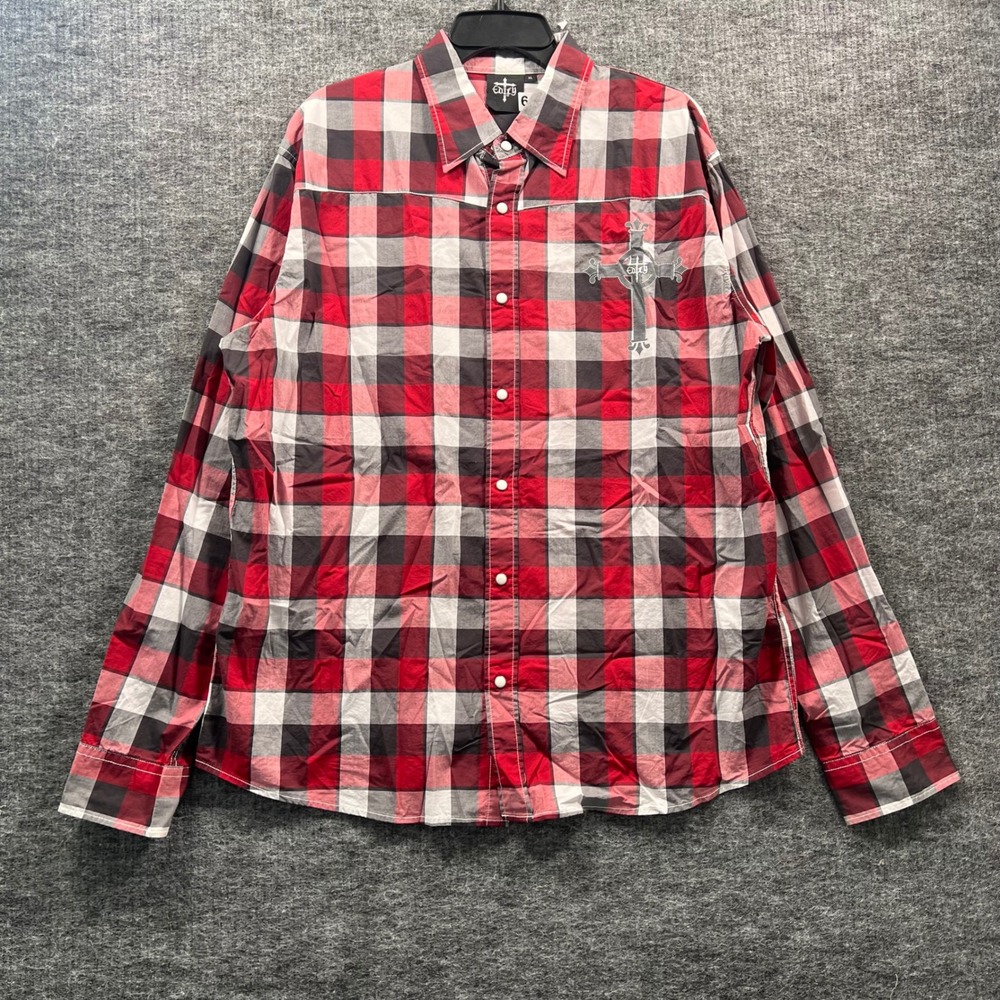 Edify Mens XL Red Plaid Long Sleeve Button Down Shirt Christian Cross Graphic